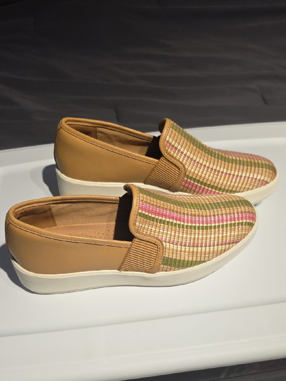 Clarks Women's Slip-On Loafers in Tan with Pink & Olive Stripes